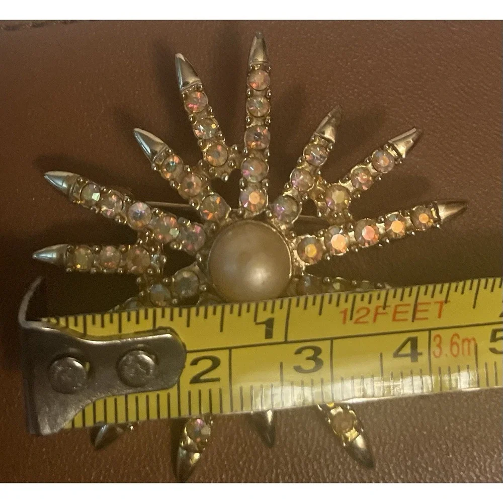 Vintage EMMONS Brooch Starburst AB Rhinestones & Faux Pearl Gold Tone Pin